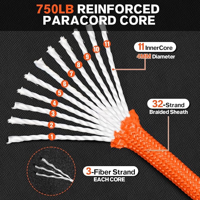 Paracord Rope 750lb - Parachute para Cord 4mm 11 Strand Spool Rope Utility Nylon String for Outdoor Camping Survival Utility Tent Crafting DIY Projects - Orange 1000ft