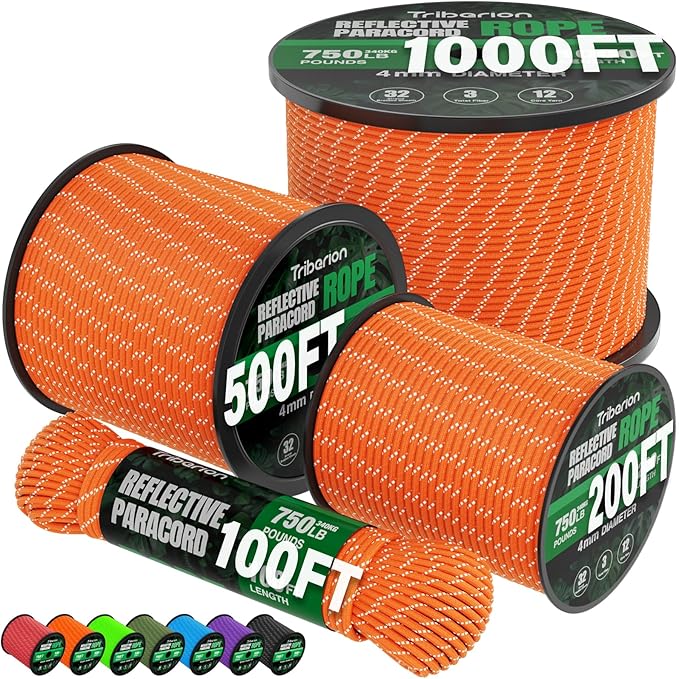 Reflective Paracord Rope 750 lb - 500ft 5/32" Parachute Cord 4MM 12-Strand para Cord - Heavy Duty Spool String for Survival,Camping Gear, Survival Bracelet, Clothesline - Orange