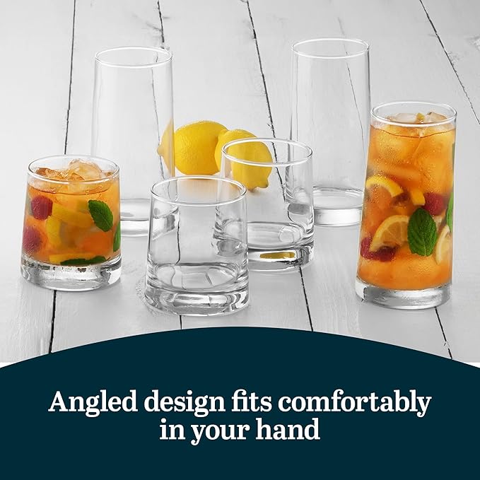 Libbey Cabos 16-Piece Rocks and Tumbler Glasses Set, Angled Glass Cups Set for Water, Juices, and More, Dishwasher-Safe Modern Glassware