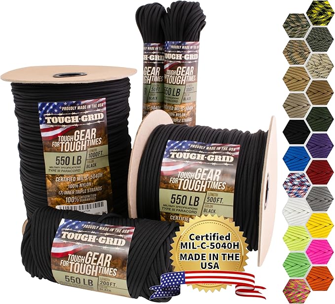 TOUGH-GRID 550 Paracord, Type III Mil-Spec Nylon Rope - 100 Ft Black Tactical Survival Cord