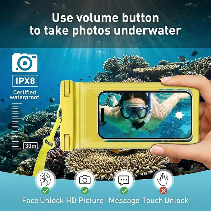 Waterproof Phone Case,with Inside Card Protector, IPX8 Cell Phone Dry Bag Up to 8.3" for iPhone 17 16 15 14 13 12 Pro Max XS Plus Galaxy S22, Cruise Vacation Essentials, 2 Pack Black &Yellow