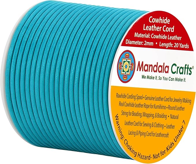 Mandala Crafts Round Genuine Teal Leather Cord for Jewelry Making – 2mm Cowhide Leather Rope String Lace for Kumihimo – 20 Yards Cowhide Craft Cording Spool