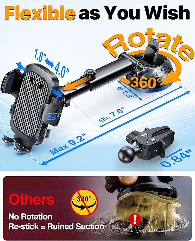 2026 Ultimate Best【True Military-Grade & Safety Cert】Car Phone Holder HTU【Upgraded 360 Rotation & 100+LBS Strongest Suction】5-in-1 Truck Windshield Dashboard Vent Mount Stand for iPhone Android, Black