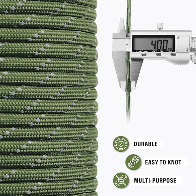 Reflective Paracord Rope 750 lb - 1000ft 5/32" Parachute Cord 4MM 12-Strand para Cord - Heavy Duty Spool String for Survival,Camping Gear, Survival Bracelet, Clothesline - Army Green