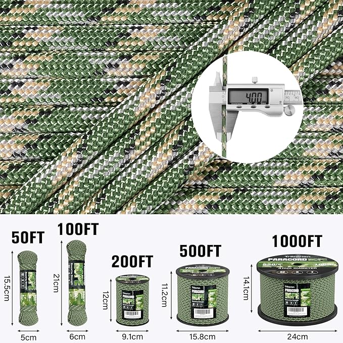 Paracord Rope 550 lb - 100ft 5/32" Parachute Cord 4MM 7-Strand para Cord - Heavy Duty Spool String for Survival,Camping Gear, Survival Bracelet, Clothesline - Camo Green