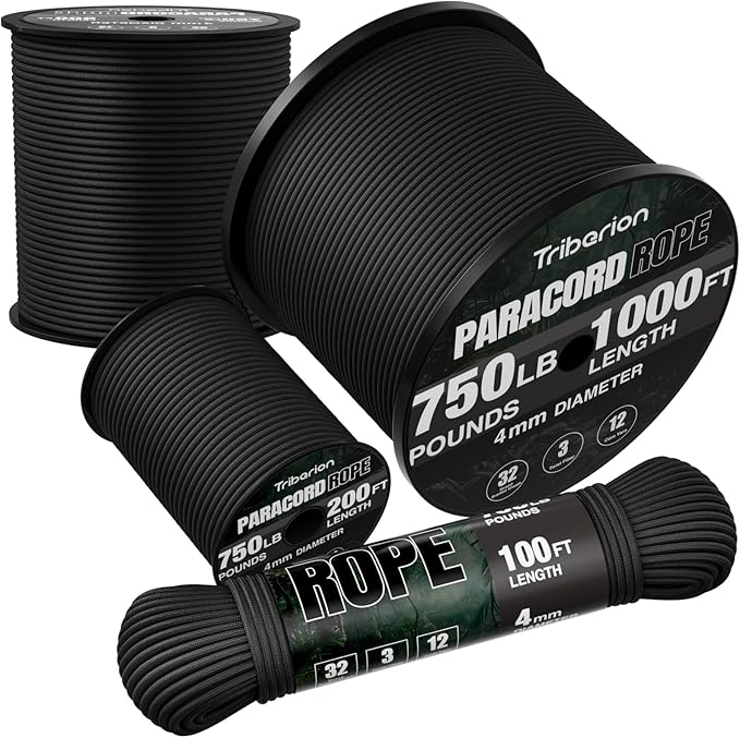 Paracord Rope 750 lb - 1000ft 5/32" Parachute Cord 4MM 12-Strand para Cord - Heavy Duty Spool String for Survival,Camping Gear, Survival Bracelet, Clothesline - Black