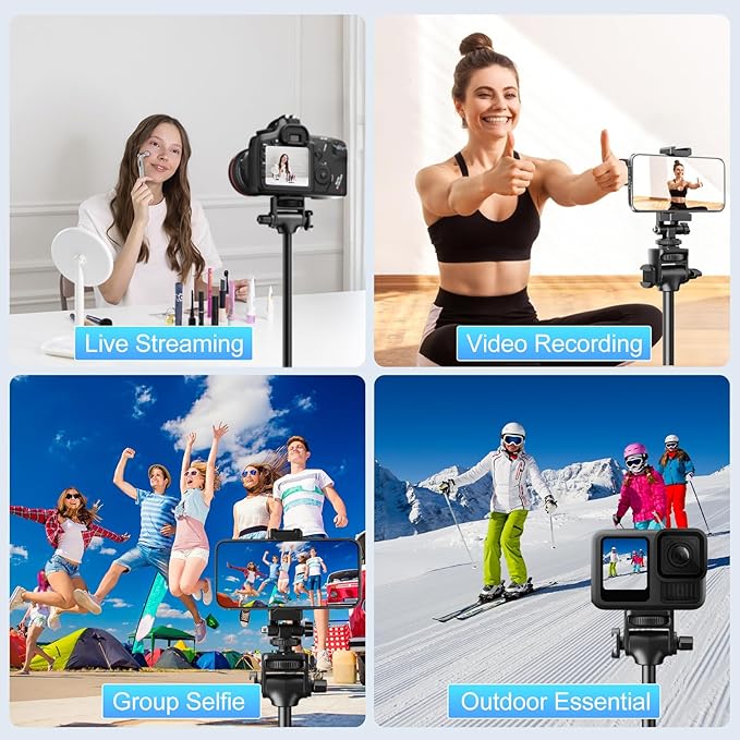 Fugetek 62" Professional Cell Phone Tripod, Ultra Stable 4 Leg Design, Bluetooth Remote, 100% All Aluminum Stick & Legs, Portable All in One, 360° Phone Mount with 2 Cold Shoe Slots, Non Skid Feet