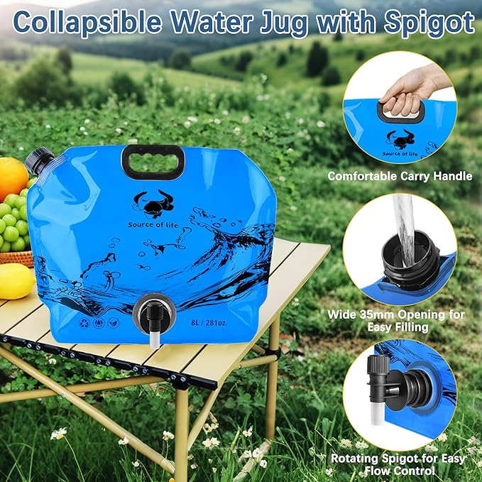 Water Jug Camping 2.1 Gallon Collapsible with Spigot, BPA Free Portable Water Pouch Foldable Water Bags for Outdoor Hiking, Travel and Emergency & Water Storage Containers (Blue-2Pcs)