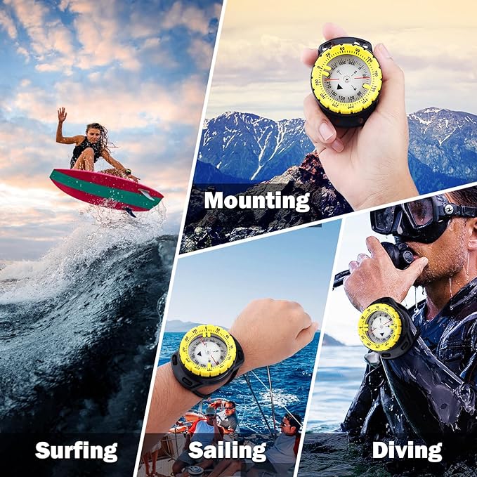 Scuba Dive Compass, Waterproof 5ATM Marine Navigation Wrist Compass with Bungee Mount and Cord, Glow in The Dark for Underwater Diving, Sailing, Camping, Kayaking, Hiking