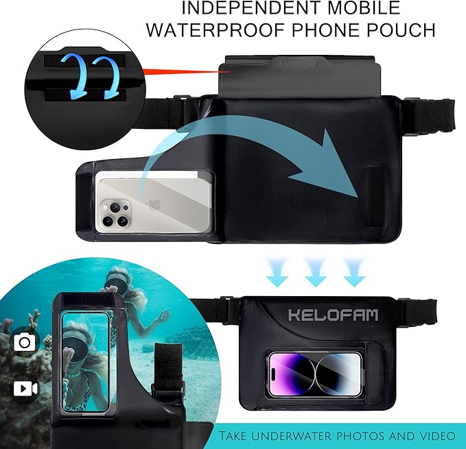 Waterproof bag Fanny Pack with Phone Case, Water proof Phone Pouch Dry Bag Keep Valuables Safe for iPhone Samsung, Adjustable Waist Strap and Screen Touch Sensitive for Swimming Boating Beach Fishing