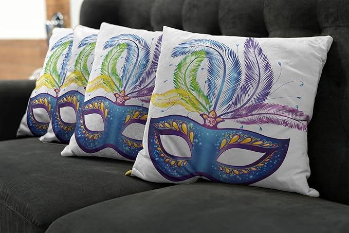 Ambesonne Mardi Gras Throw Pillow Cushion Case Pack of 4, Blue Ornate Venetian Festival with Feathers Masquerade Parade Preparations, Modern Accent Double-Sided Digital Printing, 20", Blue