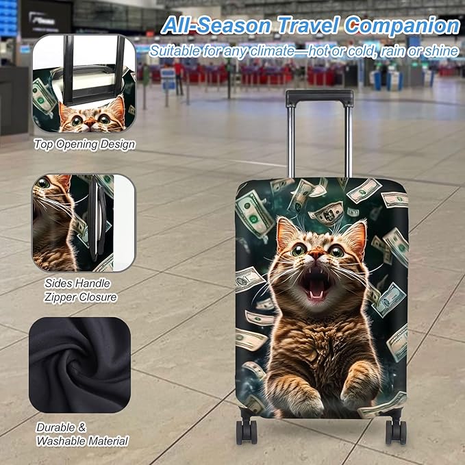 Luggage Cover Protector for 26-28 Inch Suitcases, TSA Approved Elastic Travel Suitcase Covers, Anti-Scratch Washable Luggage Sleeve for Carry On & Checked Bags, Excited Cat