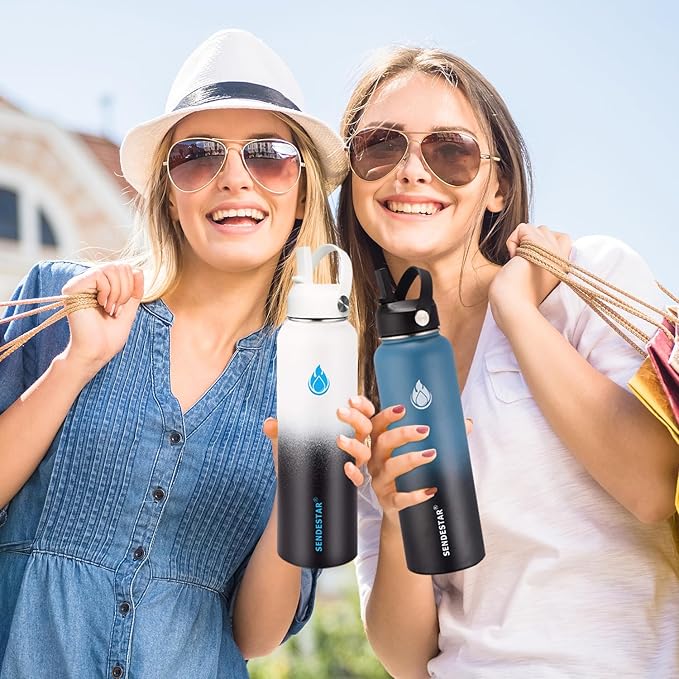 SENDESTAR Water Bottle 32oz Double Wall Vacuum Insulated Leak Proof Stainless Steel Sports Water Bottle—Wide Mouth with New Flex Straw Lid & Spout Lid (Day&Night)