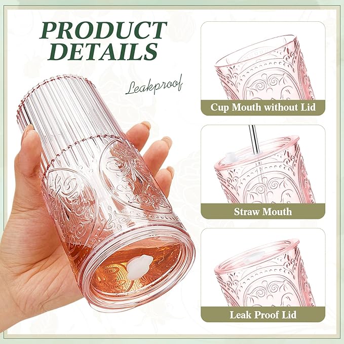 8 Set 20oz Vintage Plastic Tumbler with Lids and Straws Ribbed Floral Drinking Glasses Reusable Iced Coffee Cups for Water Juice Smoothie Cocktail Travel Party Events Gift (Pink)