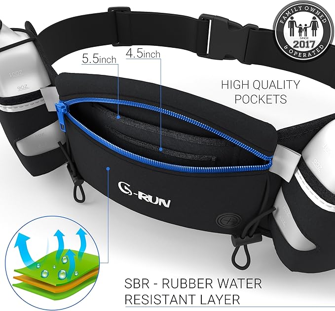 Q-RUN Hydration Running Belt with 2 x 10oz Water Bottles, No Bounce Adjustable Waist Belt for Men & Women, Marathon Running Gear