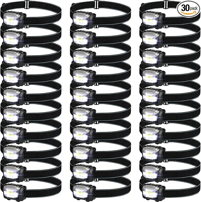 Macarrie 30 Pack LED Headlamps IPX4 Waterproof 3 Modes Headlamp Flashlight Bright Head Lights Camping Accessories for Adults Kids Hiking, Running, Repairing, Batteries Not Included (Black)