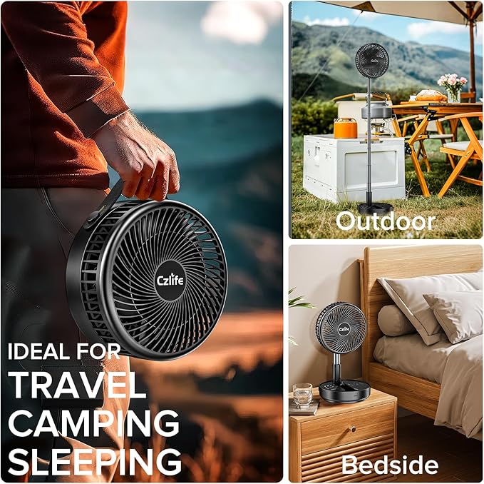 Czlife F9 Portable Fan, 10000mAh Rechargeable Battery Powered for Travel Sleeping Camping Bedroom Outdoor, Cordless Floor Desk Fan, Oscillating Folding USB Fan with Remote, 4 Speed, Timer, 7.7"