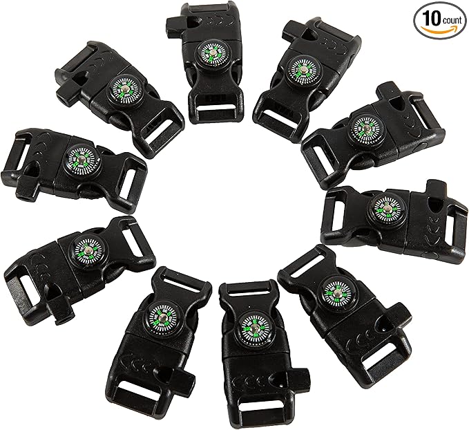 10 PCS Emergency Whistle Buckle come with Compass & Fire Starter & Flint Scraper for Outdoor Camping Paracord Bracelet (black)