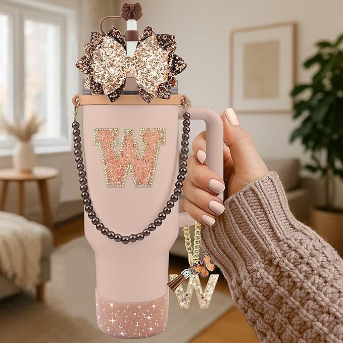 9PCS Brown for Stanley Cup Accessories Set Bling Initials Bow Charms for Stanley Decorations 30/40 Oz Tumbler Accessories Including Bow Straw Topper, Handle Strap, Spill Stopper（Letter W）