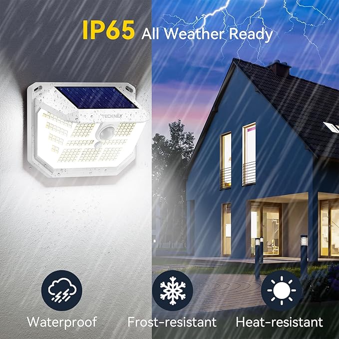 TECKNET 231 LED Solar Motion Lights Outdoor Waterproof, 4 Pack 300° Angle & 3 Lighting Modes PIR Motion Sensor Security Solar Wall Lights IP65 for Fence Front Door Yard Deck Garden Garage