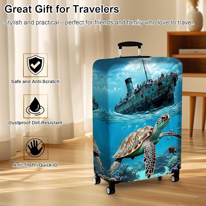 Luggage Cover Protector for 22-24 Inch Suitcases, TSA Approved Elastic Travel Suitcase Covers, Anti-Scratch Washable Luggage Sleeve for Carry On & Checked Bags, Majestic Sea Turtle