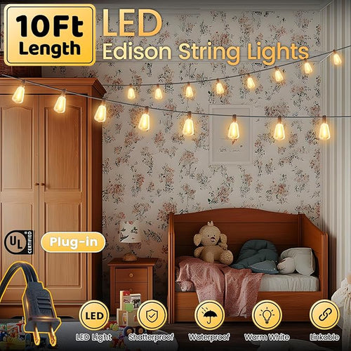 10FT Outdoor String Lights - Waterproof LED Patio Lights Shatterproof ST38 Edison Bulbs, Connectable Hanging Outdoor Vintage Lights for Indoor Backyard Yard Gazebo Porch Party Decor