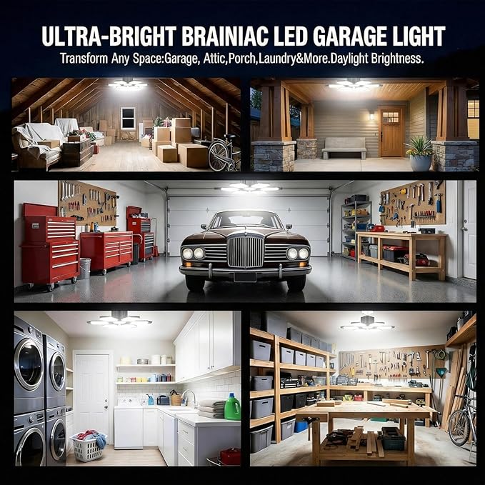 BRAINIAC 100W LED Garage Lights, 10000LM Super Bright Shop Lights with 6 Adjustable Panels, Deformable Garage Ceiling Light Bulb for Workshop, Barn, Basement, Warehouse 2 Pack