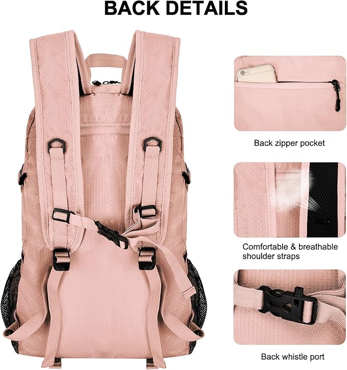 Goloni 45L Hiking Backpack Lightweight Foldable, Waterproof Camping Backpack with Rain Cover & Hiking Pole Mat Carrying System, Ergonomic Water Resistant Daypack for Trekking Travel Men Women Pink