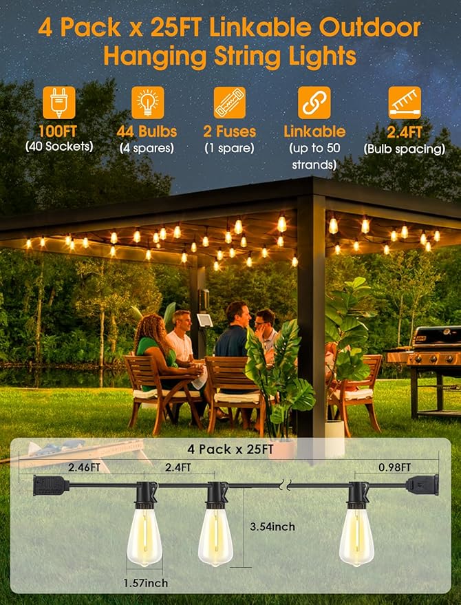 Larkvue 100FT(4x25FT) Outdoor String Lights, Patio Lights with 40+4 LED Dimmable Waterproof Linkable ST38 Edison Bulbs for Gazebo Camping Party, Black