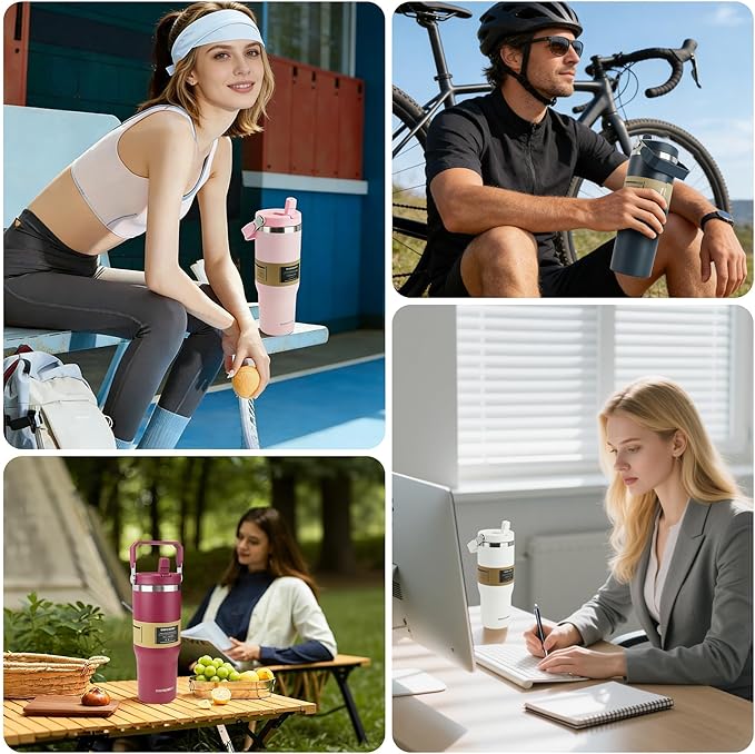 30oz Flip Straw Insulated Tumbler with Handle, Leak Proof Stainless Steel Water Bottle, Double Wall Vacuum Travel Coffee Mug for Cold Drinks, Gym Office Travel Essentials