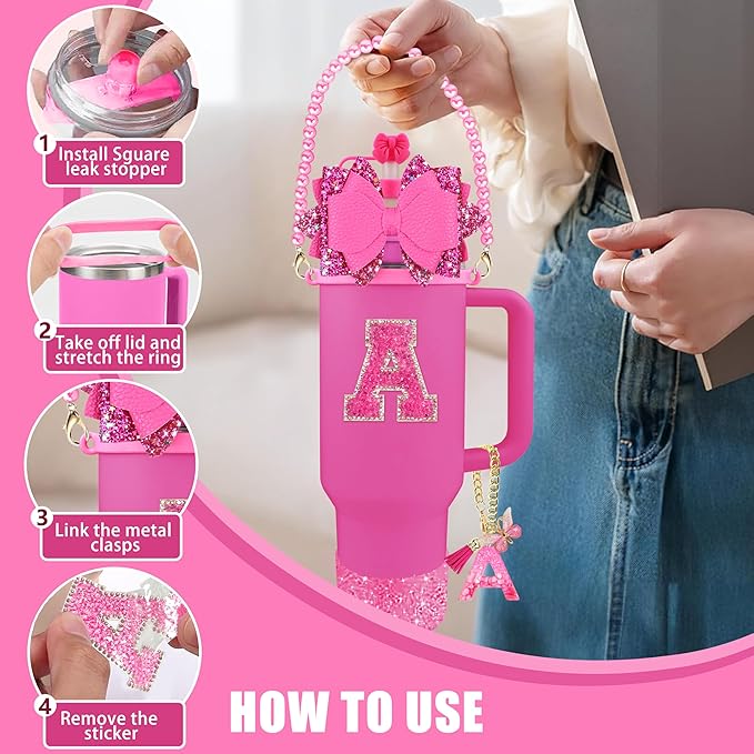 9PCS Hot Pink for Stanley Cup Accessories Set Bling Initials Bow Charms for Stanley Decorations 30/40 Oz Tumbler Accessories Including Bow Straw Topper, Handle Strap, Spill Stopper（Letter M）