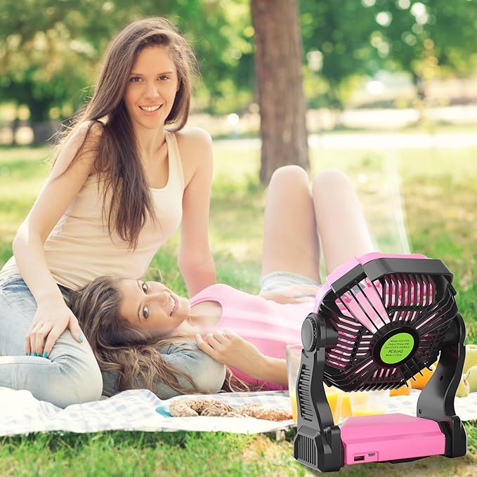 Portable Fan Rechargeable Camping Essentials, Cordless Camping Fan Battery Powered with Led Lights & 360°Hook, USB Battery Operated Fans for Women,4 Speeds Tent Portable for Traveling X23 Pink