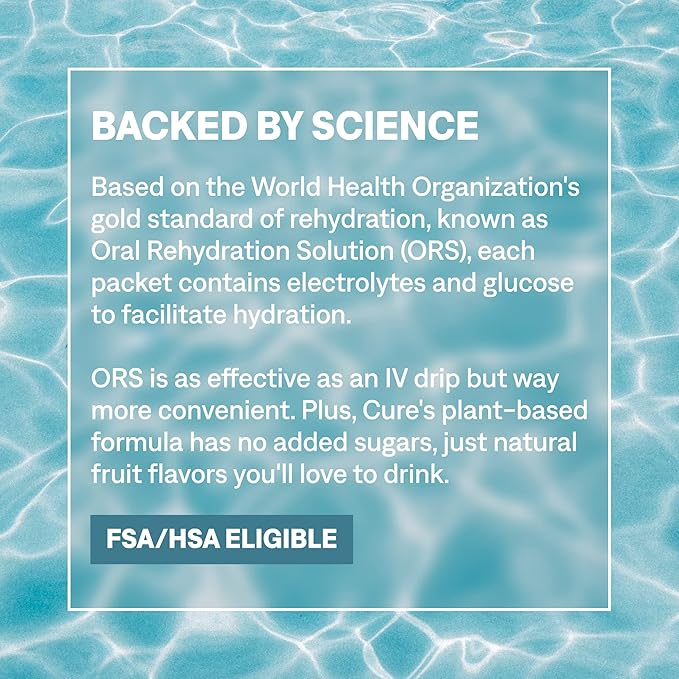 Cure Hydration | Plant-Based Electrolyte Drink Mix | No Added Sugar | FSA-HSA | Dehydration Relief Powder Made with Coconut Water | Non-GMO | Vegan | Box of 8 Packets - Blood Orange