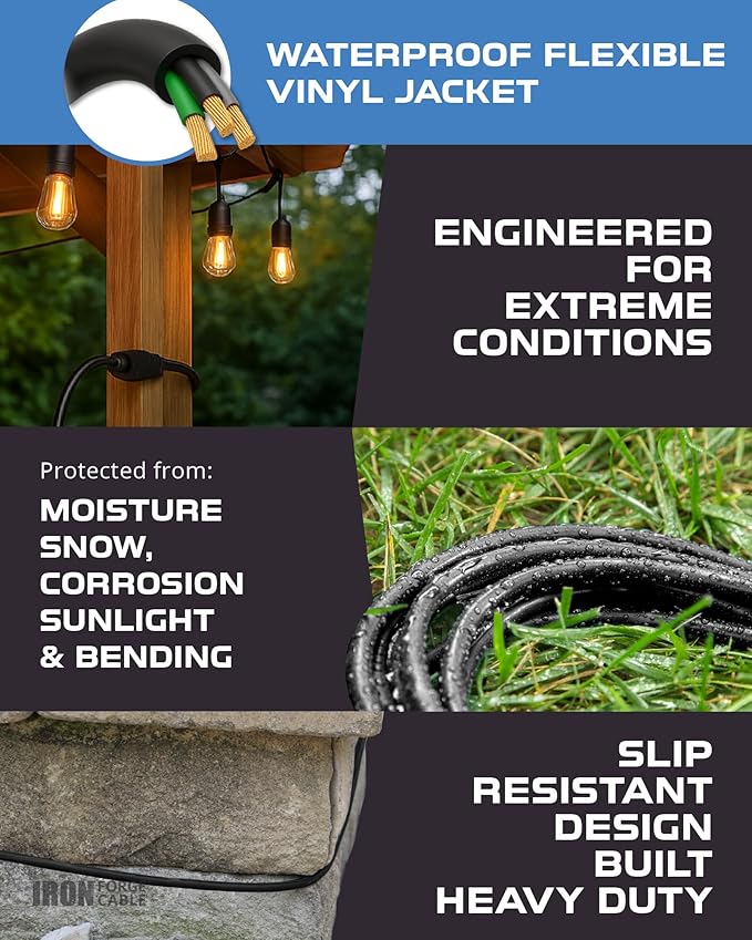 Iron Forge Cable 2 Pack 15 Ft Black Extension Cord, 16/3, 15 Foot Extension Cord, 3 Prong, Weatherproof - Great for Outside Use
