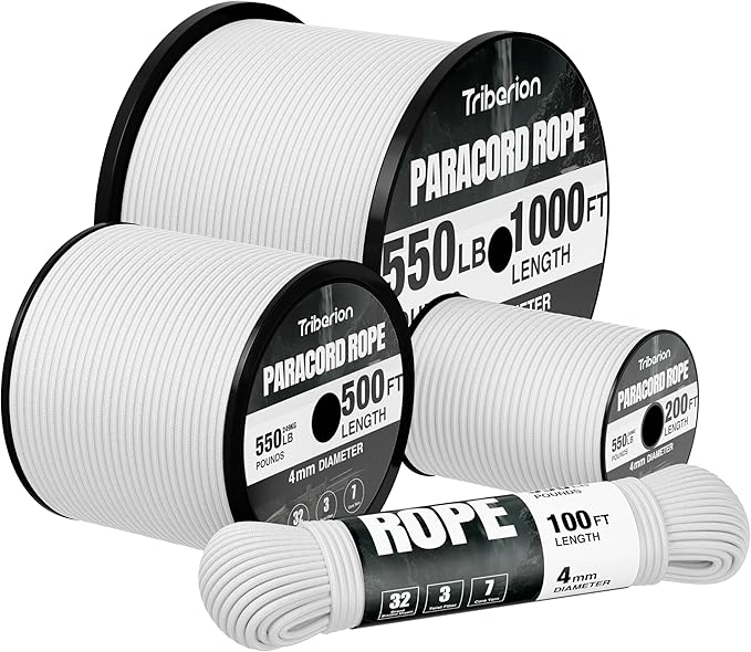 Paracord Rope 550 lb - 200ft 5/32" Parachute Cord 4MM 7-Strand para Cord - Heavy Duty Spool String for Survival,Camping Gear, Survival Bracelet, Clothesline - White