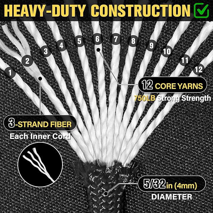 Paracord Rope 750 lb - 200ft 5/32" Parachute Cord 4MM 12-Strand para Cord - Heavy Duty Spool String for Survival,Camping Gear, Survival Bracelet, Clothesline - Black