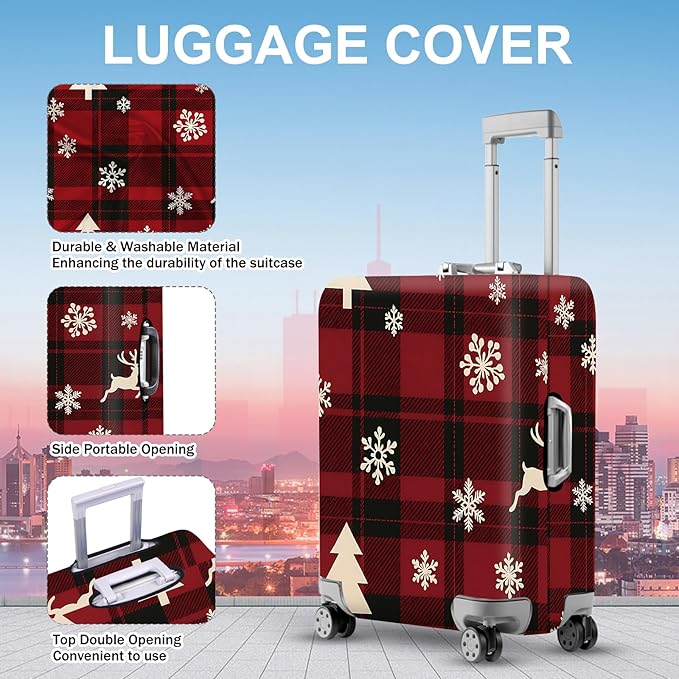 ANNA QUEEN Christmas Plaid Luggage Cover, Red and Black Check Suitcase Protector with Snowflake and Tree Pattern, Stretchable Washable Travel Sleeve for 28-30 Inch Luggage