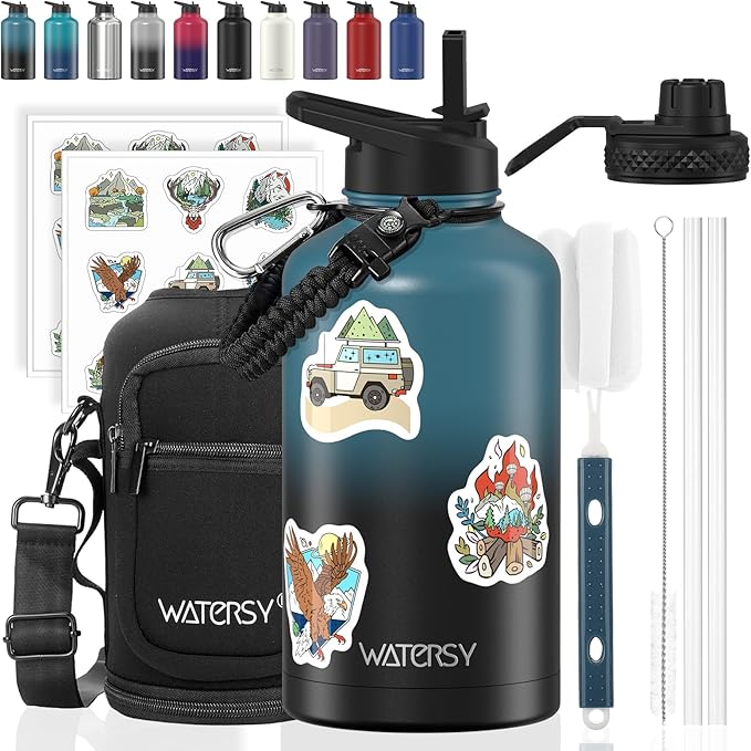 64oz Insulated Water Bottle (Cold for 48 Hrs),BPA Free&Leak Proof,Half Gallon Stainless Steel Water Flask,Water Jug with Straw Spout Lids for Gym,Hiking,Camping,Black Blue