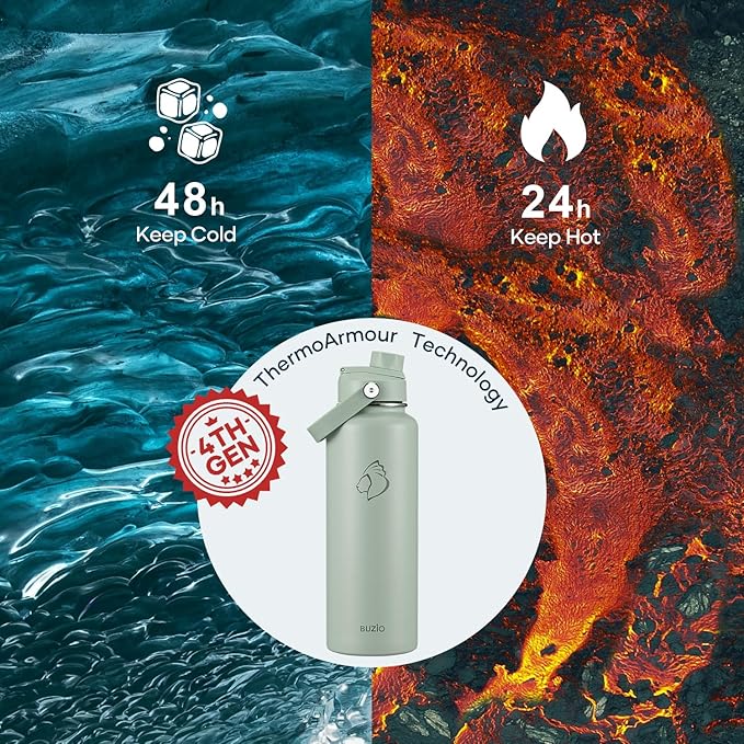 BUZIO 40 oz Water Bottle Insulated, Triple Wall Vacuum Stainless Steel Flask (Cold for 48 Hrs), Leakproof BPA-Free Wide Mouth Metal Jug Hydro Canteen with 2 Lids, Sage Green