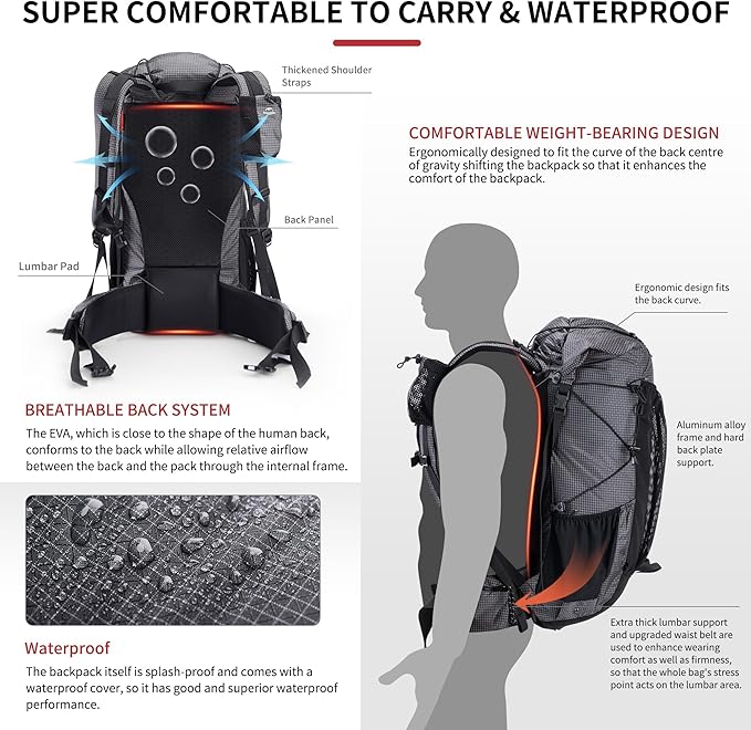 Naturehike 45L Rock Internal Frame Hiking Backpack for Outdoor Camping Travel Backpacking with Rain Cover Ultralight Backpack for Adults