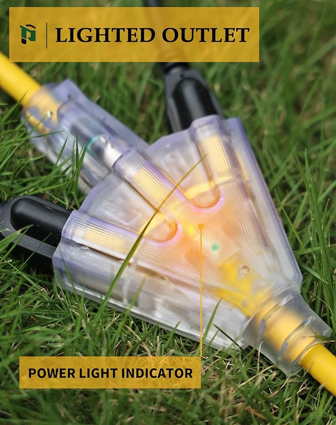 50Ft 12/3 Outdoor Extension Cord with 3-Outlets, Heavy Duty 12 Gauge 3 Prong Extension Cord Waterproof with Lighted end, 15A 12AWG 1875W SJTW, ETL Listed - Great for Garage, Garden and Home, Yellow