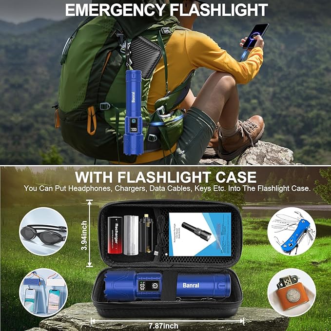 Rechargeable Tactical Flashlights 2000 High Lumens - 5000mAh Super Bright LED Powerful Flash Light, Waterproof Handheld USB C Flashlight for Home,Car,Camping,Emergencies,5 Modes,Zoomable (2, Blue)