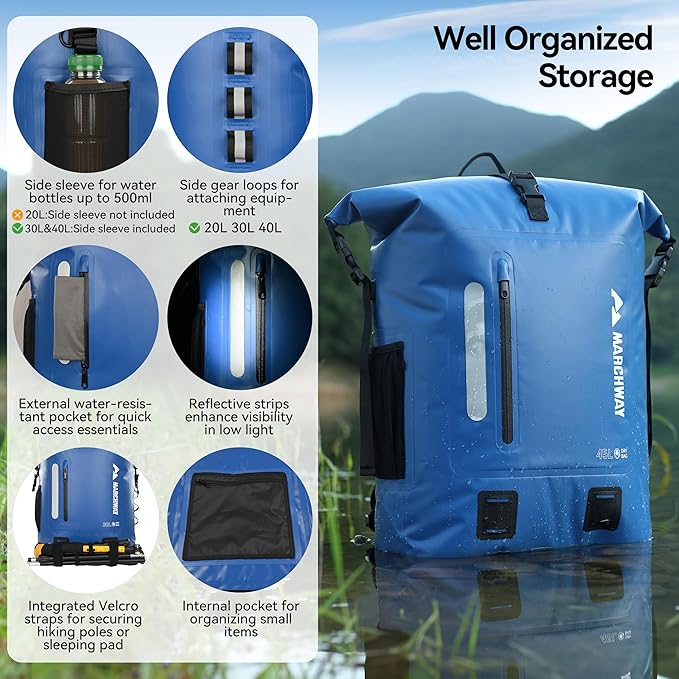 MARCHWAY Roll Top Waterproof Backpack, Floating Dry Bag 20L/30L/45L with Ergonomic Rectangular Base, Cushioned Back, Hip Strap for Hiking Camping Kayaking Travel (Blue, 30L)
