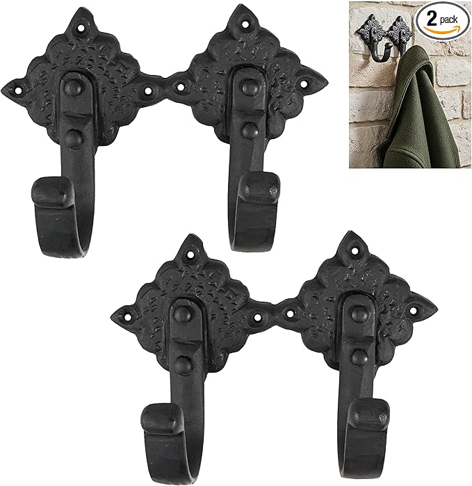 Mystic Colonial Rustic Cast Iron Wall Hooks, Heavy Duty Retro Utility Hooks for Hanging Coat, Bag, Towel, Robe, Hat & More, Pack of 2 | Joined Pieces, Black