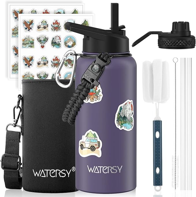 32oz Insulated Water Bottle (Cold for 48 Hrs),BPA Free&Leak Proof,Stainless Steel Water Flask,Water Jug with Straw Spout Lids for Gym,Hiking,Purple