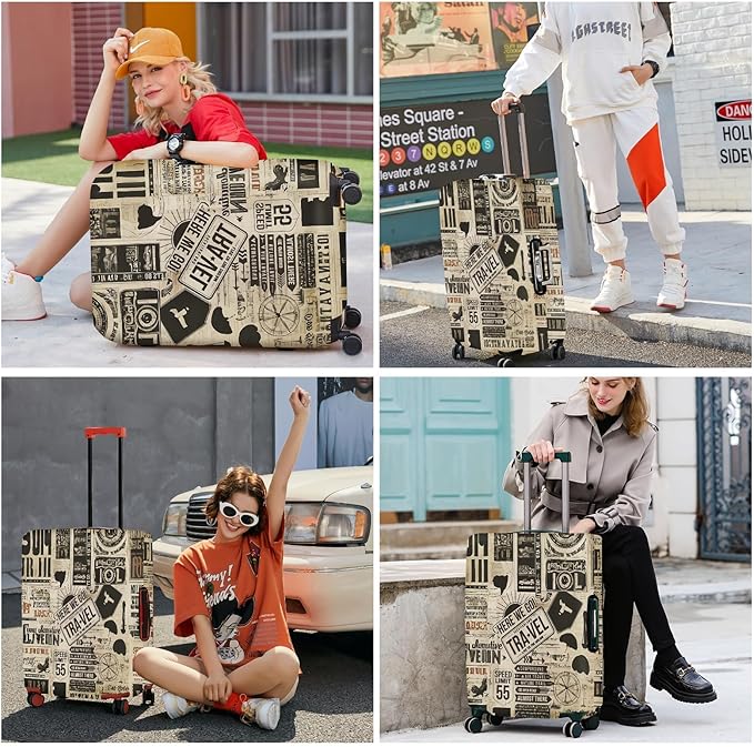 ANNA QUEEN Vintage Travel Collage Luggage Cover, Retro Suitcase Protector, Stretchable Washable Cover for 24-26 Inch Luggage