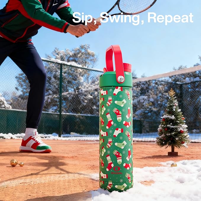ENCOOL Christmas Insulated Water Bottle with Straw, Stainless Steel Water Bottle, Leak Proof BPA-Free, Keeps Cold for 24 Hours for Sports, Christmas Holiday Gifts for Women, 26 oz, Jolly Sock