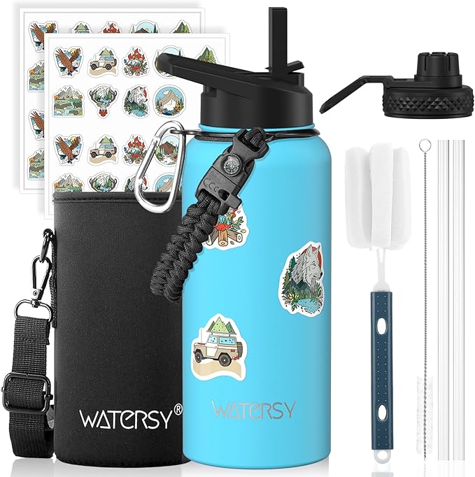 32oz Insulated Water Bottle (Cold for 48 Hrs),BPA Free&Leak Proof,Stainless Steel Water Flask,Water Jug with Straw Spout Lids for Gym,Hiking,Travel,Sky Blue