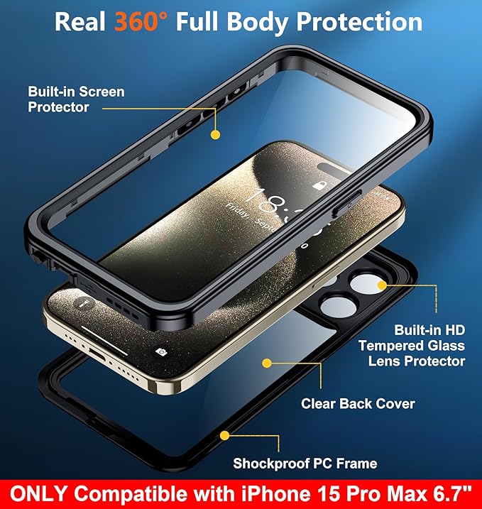 SPIDERCASE ONLY Designed for iPhone 15 Pro Max Waterproof, [Built-in Screen & Camera Protection] [IP68 Underwater]12FT Military Full-body Shockproof Anti-Scratched Rugged Phone Case 6.7”, Black/Clear