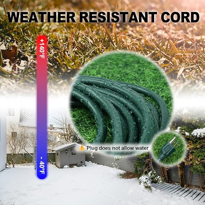 EP 15FT Green Outdoor Extension Cord, 16/3 SJTW Heavy Duty Waterproof, 3 Prong Grounded Plug, 13A 1625W 16AWG, Cold-Resistant Flexible Power Cable for Garden, Home, Christmas Lights